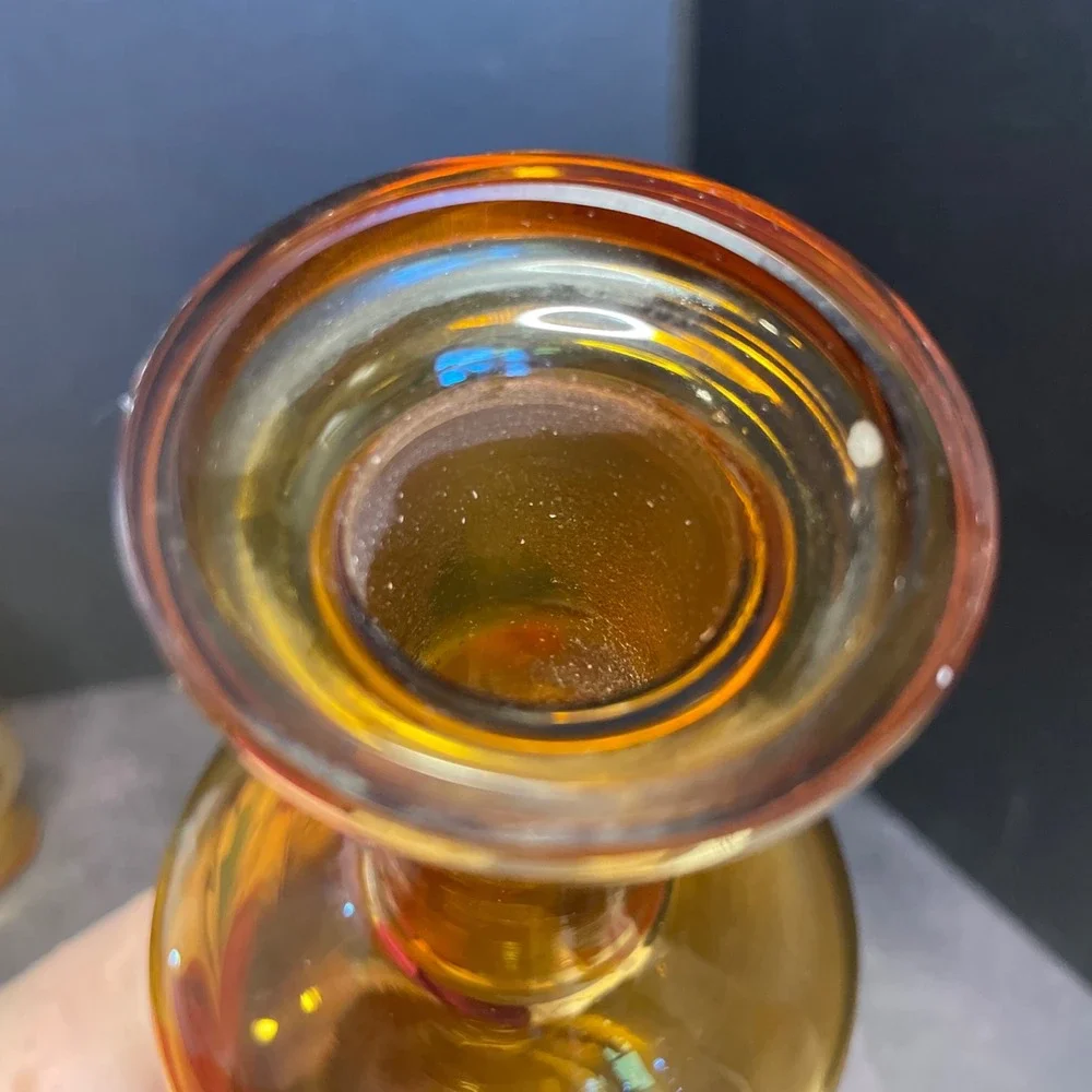 Amber Glass Red Flower‎ Decanter Green Leaf Glasses Vintage Barware Gold Trim